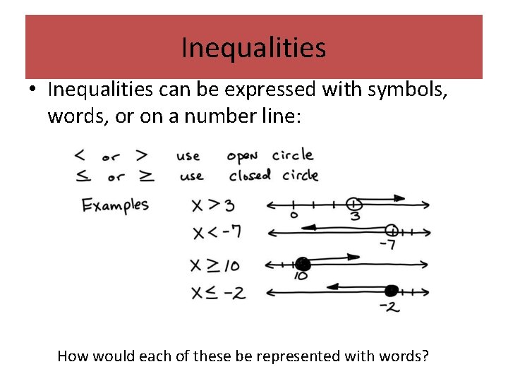 Inequalities • Inequalities can be expressed with symbols, words, or on a number line: