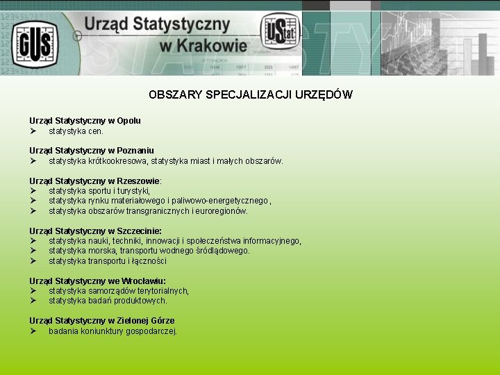 OBSZARY SPECJALIZACJI URZĘDÓW Urząd Statystyczny w Opolu Ø statystyka cen. Urząd Statystyczny w Poznaniu