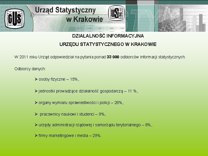 DZIAŁALNOŚĆ INFORMACYJNA URZĘDU STATYSTYCZNEGO W KRAKOWIE W 2011 roku Urząd odpowiedział na pytania ponad