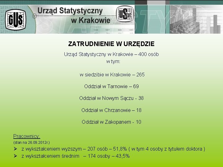 ZATRUDNIENIE W URZĘDZIE Urząd Statystyczny w Krakowie – 400 osób w tym: w siedzibie