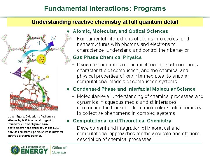 Fundamental Interactions: Programs Understanding reactive chemistry at full quantum detail Upper figure: Oxidation of