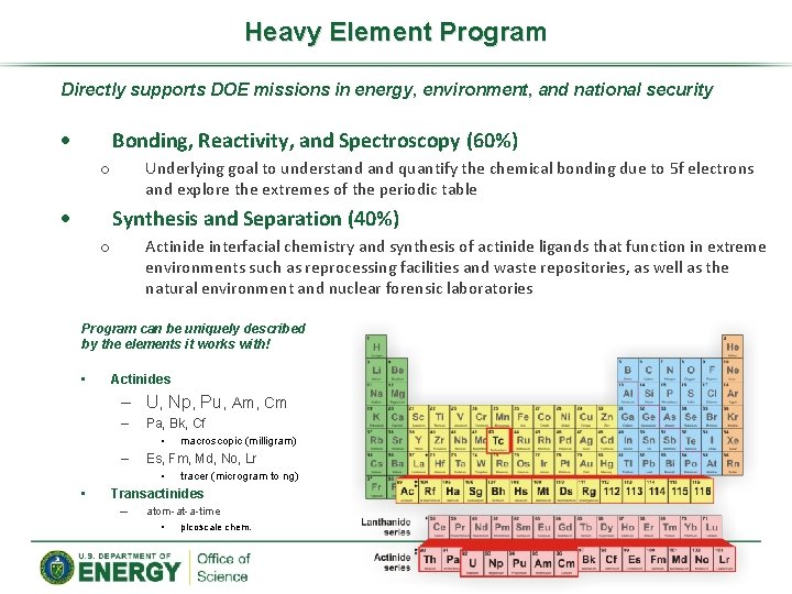 Heavy Element Program Directly supports DOE missions in energy, environment, and national security Bonding,