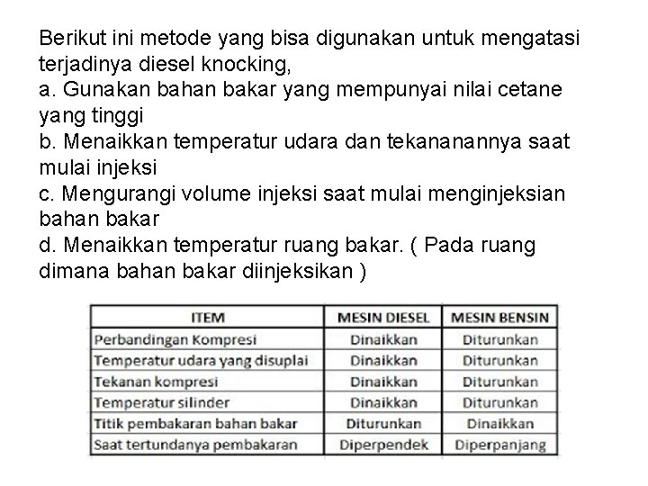 Berikut ini metode yang bisa digunakan untuk mengatasi terjadinya diesel knocking, a. Gunakan bahan