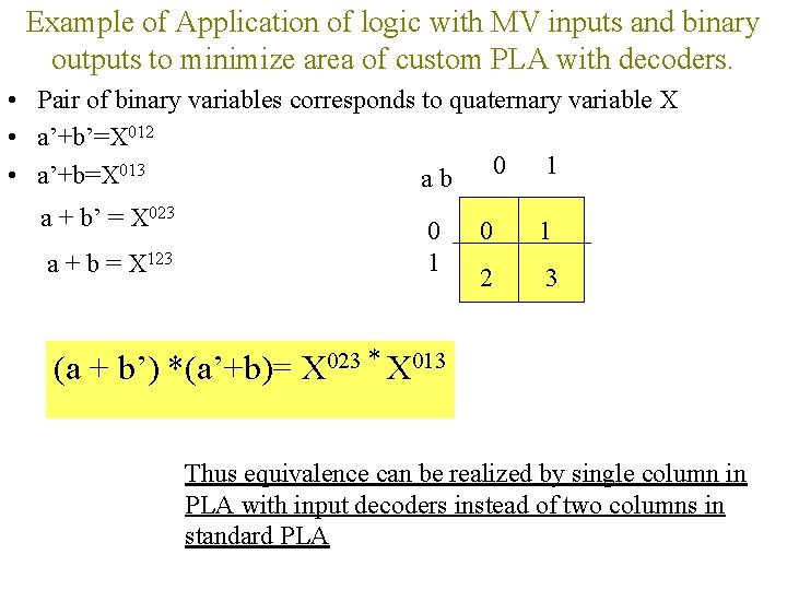 Example of Application of logic with MV inputs and binary outputs to minimize area