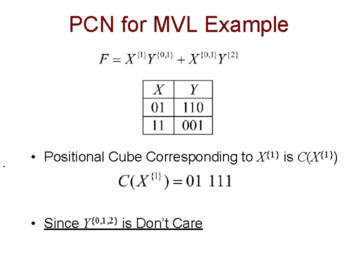 PCN for MVL Example • Positional Cube Corresponding to X{1} is C(X{1}) • Since