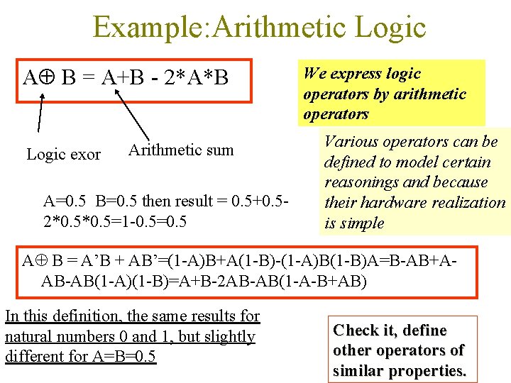 Example: Arithmetic Logic A B = A+B - 2*A*B Logic exor Arithmetic sum A=0.