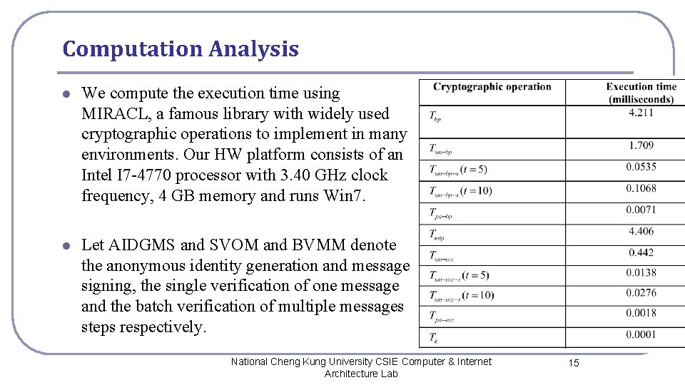 Computation Analysis l We compute the execution time using MIRACL, a famous library with