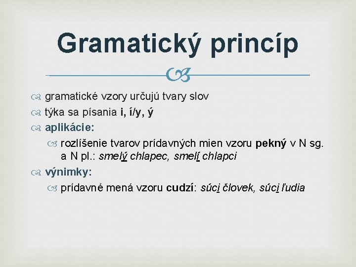 Gramatický princíp gramatické vzory určujú tvary slov týka sa písania i, í/y, ý aplikácie: