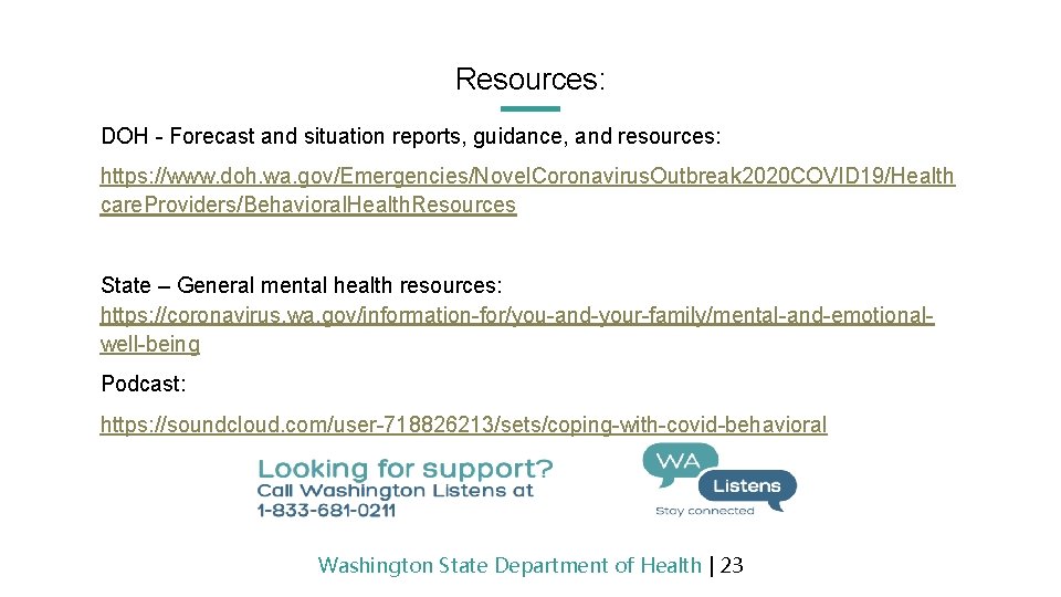 Resources: DOH - Forecast and situation reports, guidance, and resources: https: //www. doh. wa.