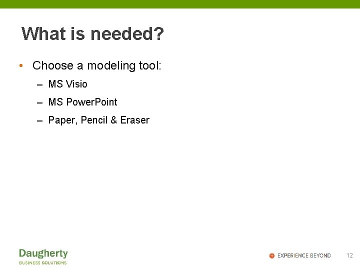 What is needed? • Choose a modeling tool: – MS Visio – MS Power.
