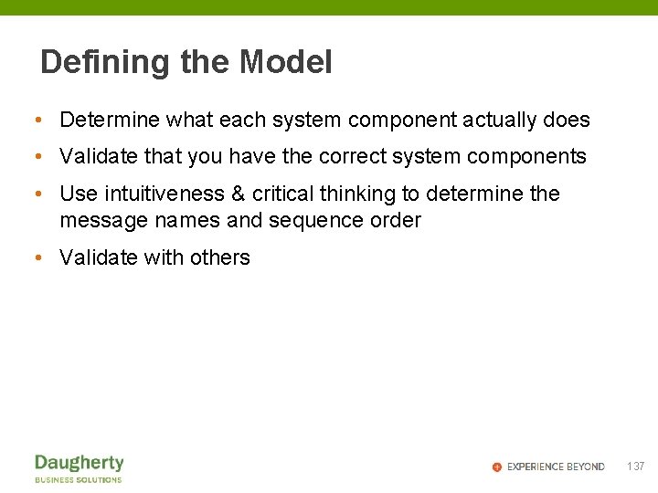 Defining the Model • Determine what each system component actually does • Validate that