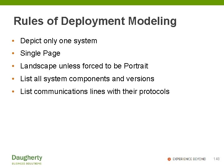 Rules of Deployment Modeling • Depict only one system • Single Page • Landscape
