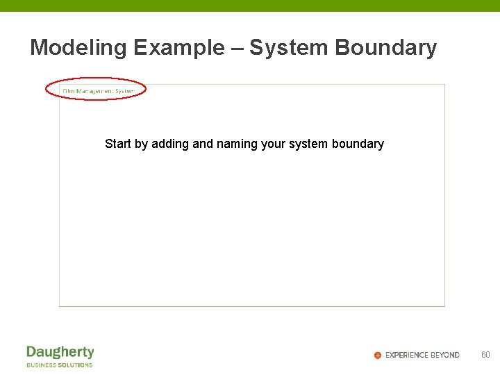 Modeling Example – System Boundary Start by adding and naming your system boundary 60