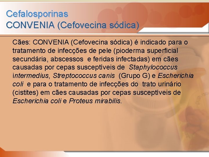 Cefalosporinas CONVENIA (Cefovecina sódica) Cães: CONVENIA (Cefovecina sódica) é indicado para o tratamento de