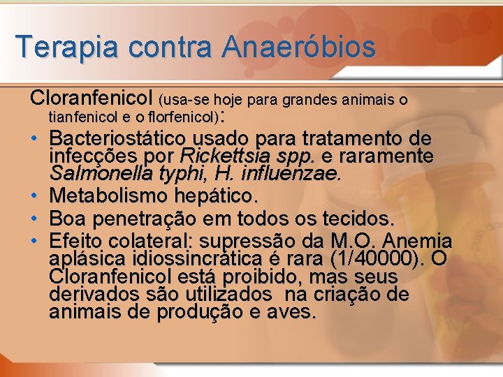 Terapia contra Anaeróbios Cloranfenicol (usa-se hoje para grandes animais o tianfenicol e o florfenicol):