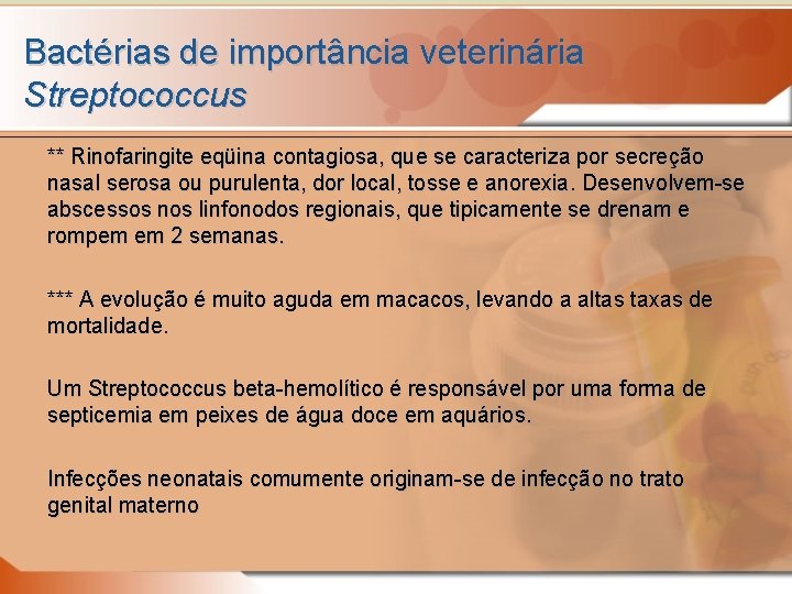 Bactérias de importância veterinária Streptococcus ** Rinofaringite eqüina contagiosa, que se caracteriza por secreção