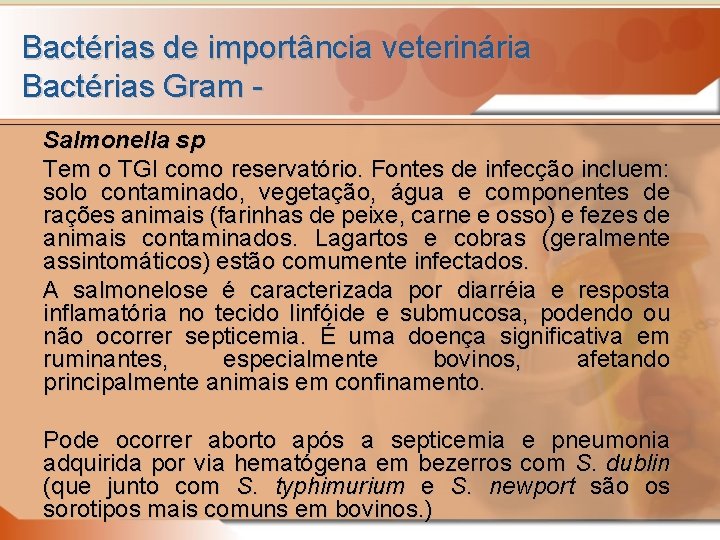 Bactérias de importância veterinária Bactérias Gram Salmonella sp Tem o TGI como reservatório. Fontes