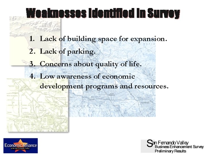 Weaknesses Identified In Survey 1. Lack of building space for expansion. 2. Lack of