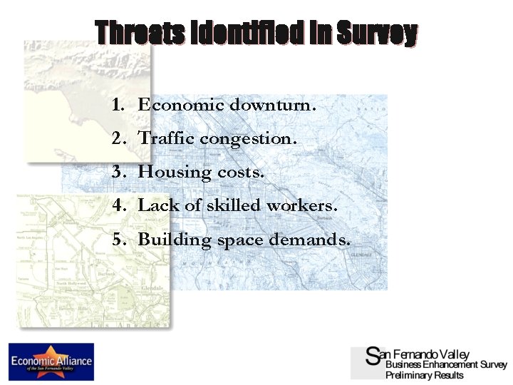 Threats Identified In Survey 1. Economic downturn. 2. Traffic congestion. 3. Housing costs. 4.