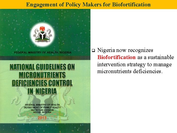Engagement of Policy Makers for Biofortification q Nigeria now recognizes Biofortification as a sustainable