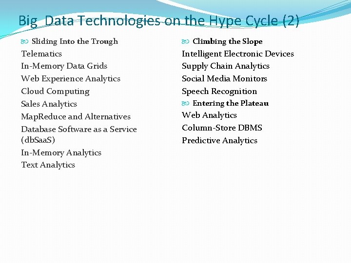 Big Data Technologies on the Hype Cycle (2) Sliding Into the Trough Climbing the