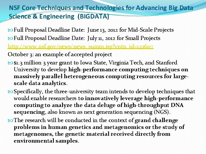 NSF Core Techniques and Technologies for Advancing Big Data Science & Engineering (BIGDATA) Full