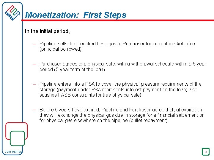 Monetization: First Steps In the initial period, – Pipeline sells the identified base gas