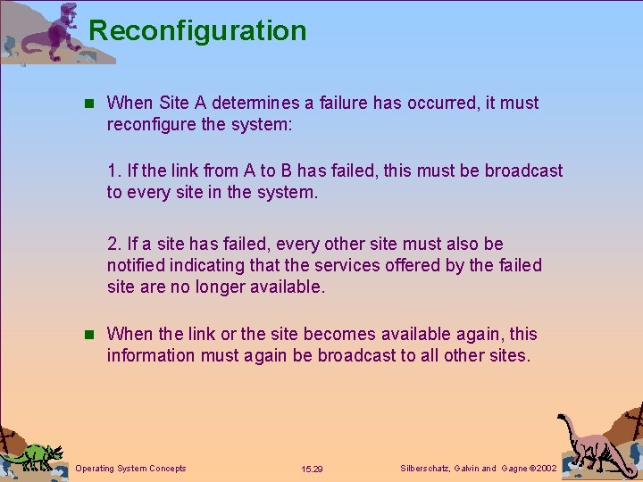 Reconfiguration n When Site A determines a failure has occurred, it must reconfigure the