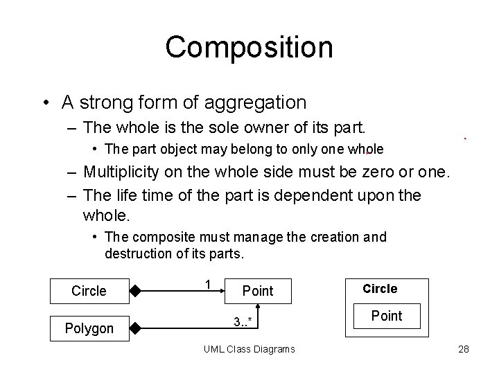 Composition • A strong form of aggregation – The whole is the sole owner Composition • A strong form of aggregation – The whole is the sole owner
