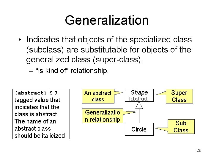 Generalization • Indicates that objects of the specialized class (subclass) are substitutable for objects Generalization • Indicates that objects of the specialized class (subclass) are substitutable for objects