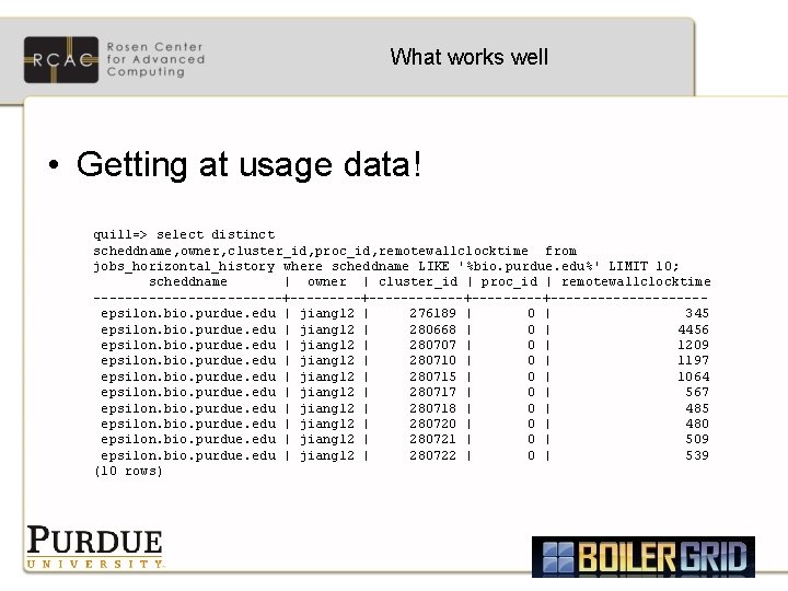 What works well • Getting at usage data! quill=> select distinct scheddname, owner, cluster_id,