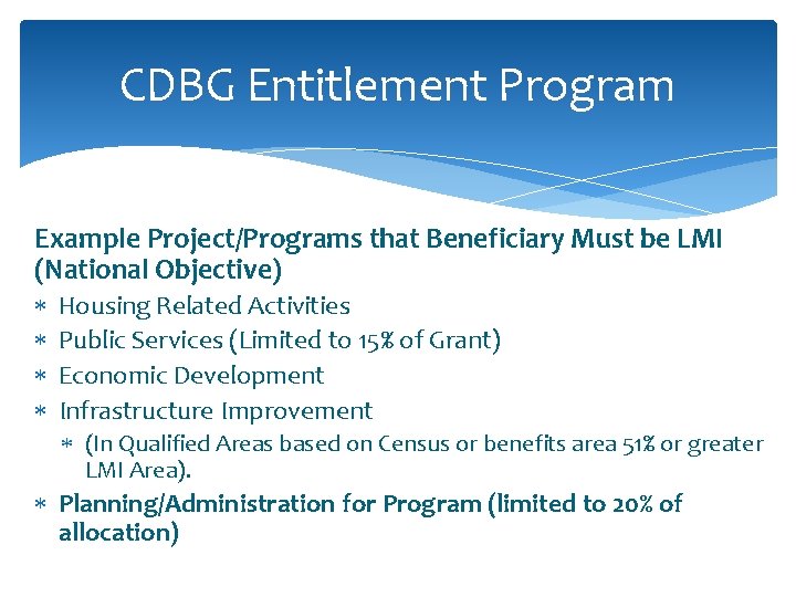 CDBG Entitlement Program Example Project/Programs that Beneficiary Must be LMI (National Objective) Housing Related