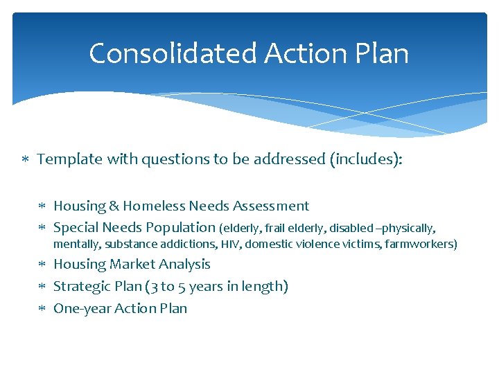 Consolidated Action Plan Template with questions to be addressed (includes): Housing & Homeless Needs