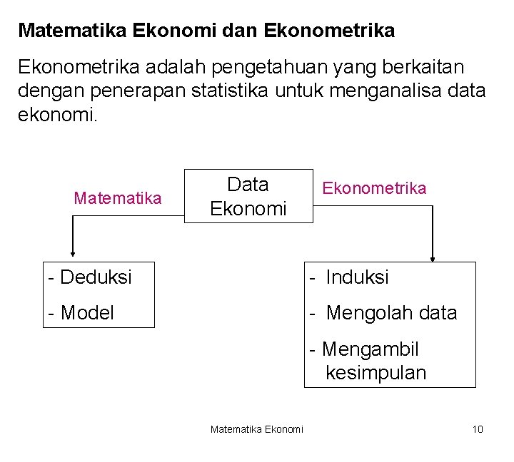 Matematika Ekonomi dan Ekonometrika adalah pengetahuan yang berkaitan dengan penerapan statistika untuk menganalisa data