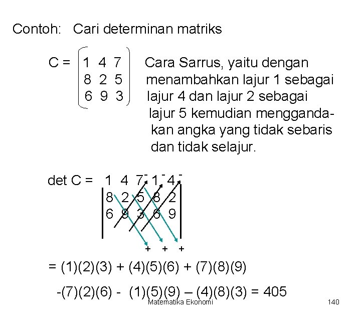 Contoh: Cari determinan matriks C= 1 4 7 8 2 5 6 9 3