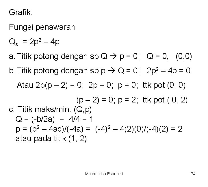 Grafik: Fungsi penawaran Qs = 2 p 2 – 4 p a. Titik potong