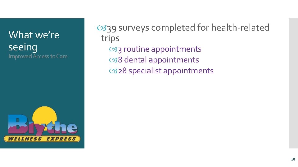 What we’re seeing Improved Access to Care 39 surveys completed for health-related trips 3