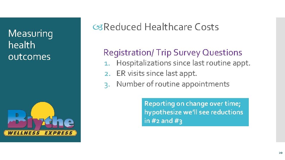 Measuring health outcomes Reduced Healthcare Costs Registration/ Trip Survey Questions 1. Hospitalizations since last