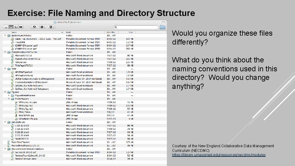 Exercise: File Naming and Directory Structure Would you organize these files differently? What do