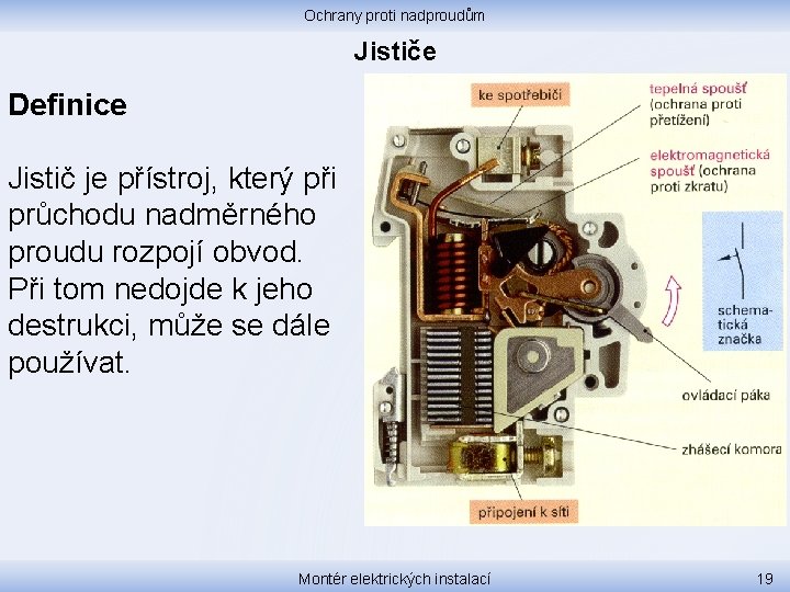 Ochrany proti nadproudům Jističe Definice Jistič je přístroj, který při průchodu nadměrného proudu rozpojí