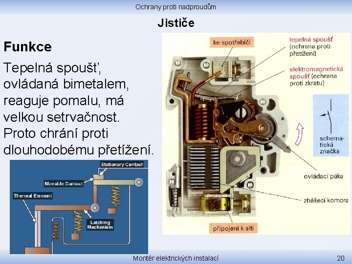 Ochrany proti nadproudům Jističe Funkce Tepelná spoušť, ovládaná bimetalem, reaguje pomalu, má velkou setrvačnost.