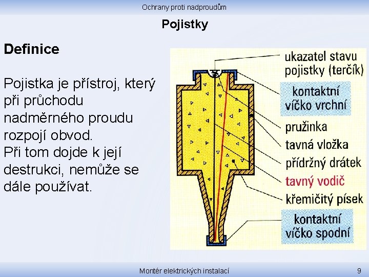 Ochrany proti nadproudům Pojistky Definice Pojistka je přístroj, který při průchodu nadměrného proudu rozpojí