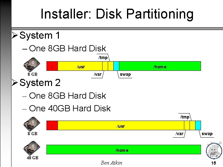 Installer: Disk Partitioning System 1 – One 8 GB Hard Disk /tmp / /usr