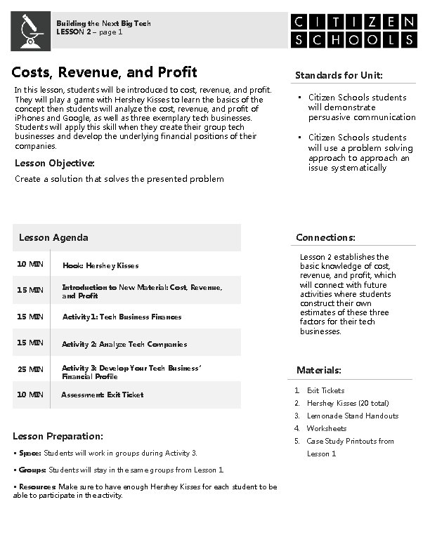 Building the Next Big Tech LESSON 2 – page 1 Costs, Revenue, and Profit