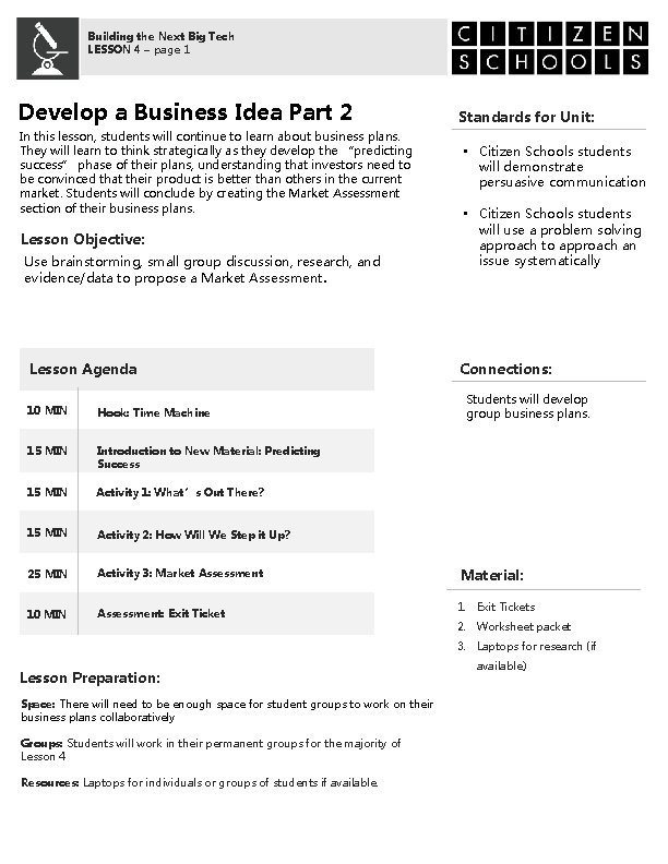 Building the Next Big Tech LESSON 4 – page 1 Develop a Business Idea