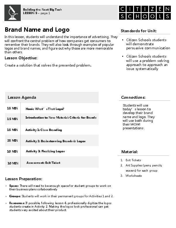 Building the Next Big Tech LESSON 5 – page 1 Brand Name and Logo