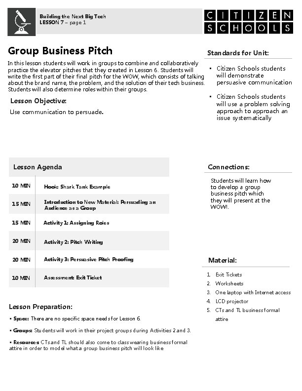 Building the Next Big Tech LESSON 7 – page 1 Group Business Pitch Standards