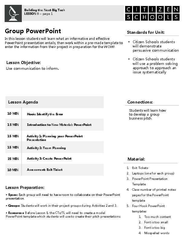Building the Next Big Tech LESSON 8 – page 1 Group Power. Point In