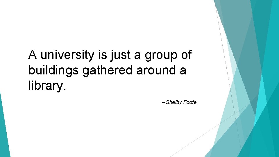 A university is just a group of buildings gathered around a library. --Shelby Foote