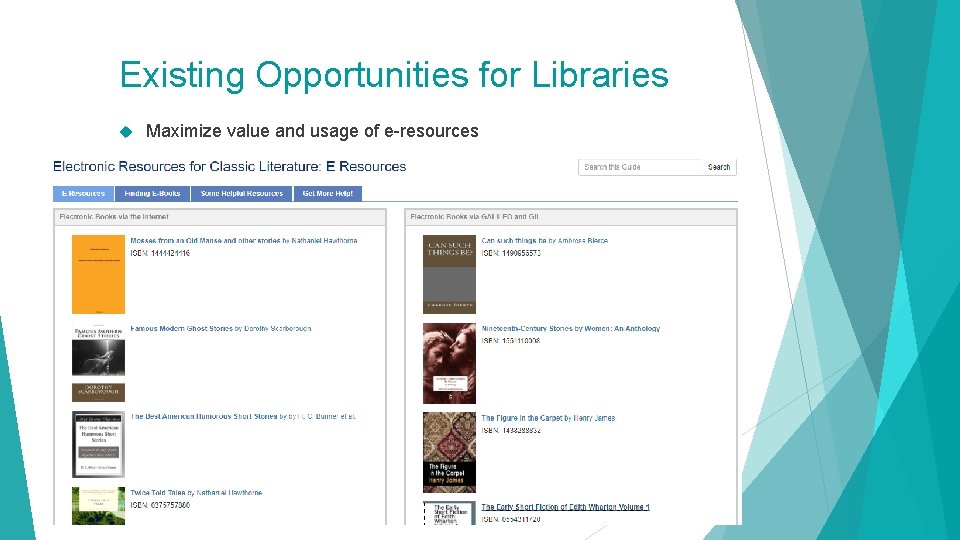 Existing Opportunities for Libraries Maximize value and usage of e-resources 